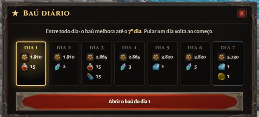 Janela do baú diário no jogo, com as recompensas do dia 1 ao dia 7