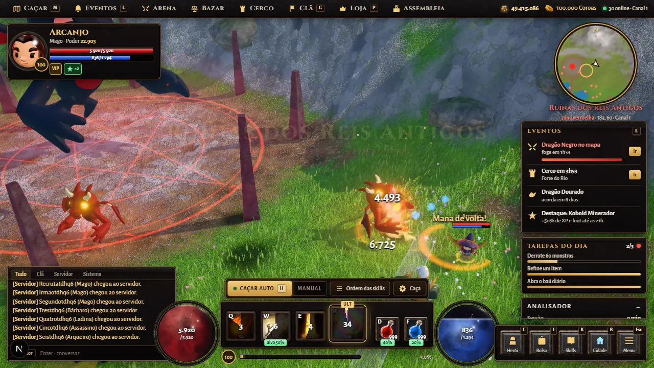 Tela do jogo caçando nas Ruínas dos Reis Antigos, com a barra de skills, o mapa e as tarefas do dia